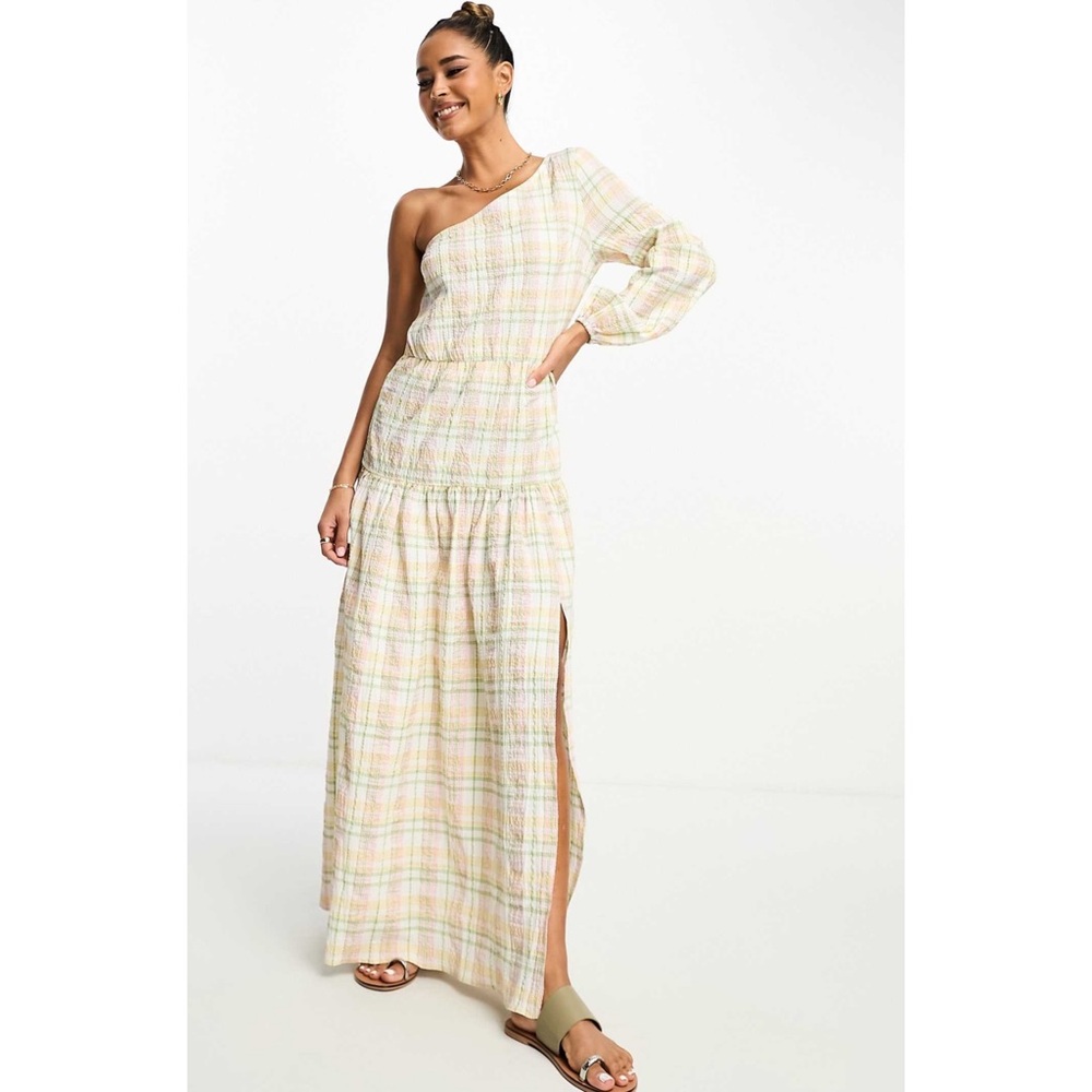 One Shoulder Plaid Shift Puffer Dress